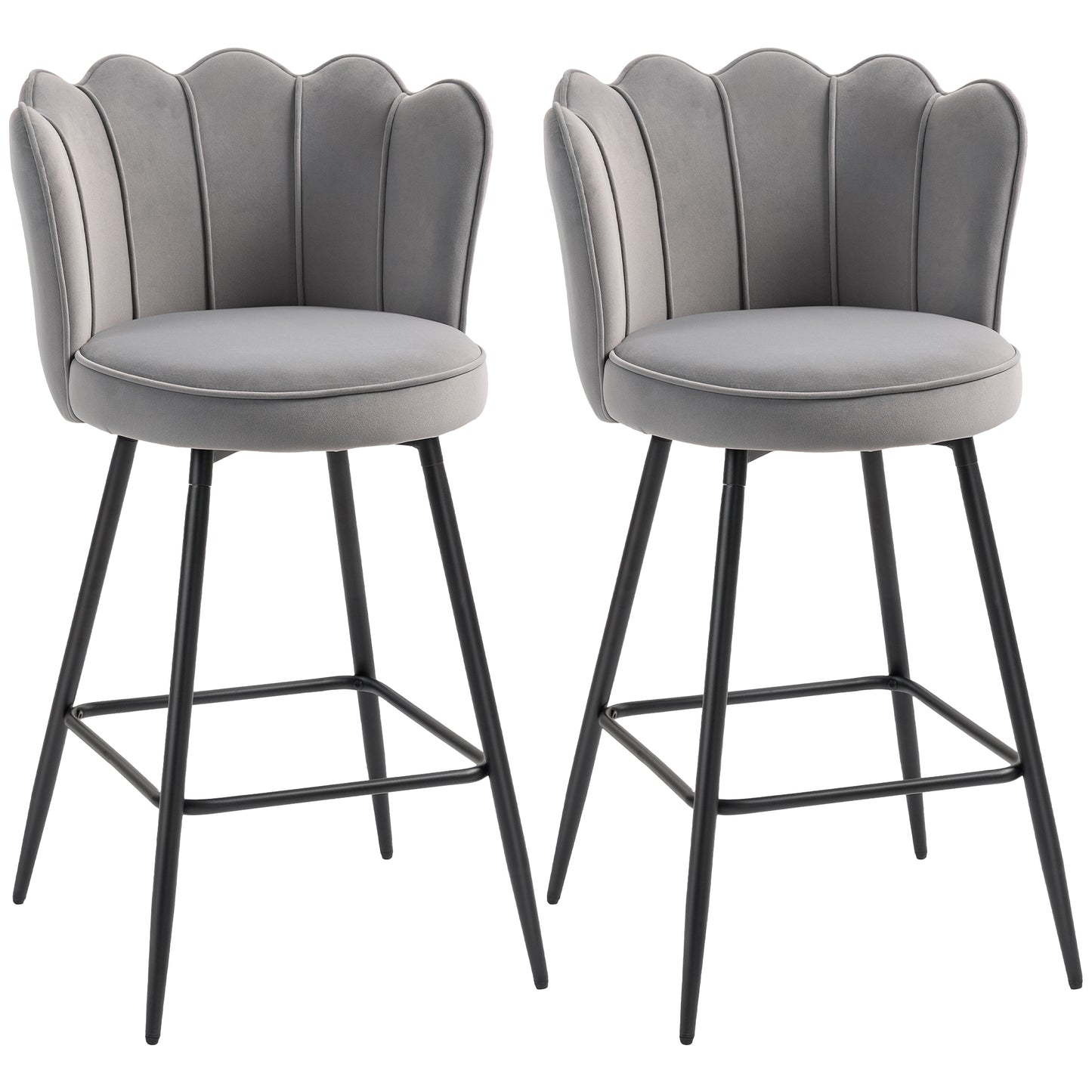 Set of 2 Barstools with Petal Backrest for Kitchen Island Grey