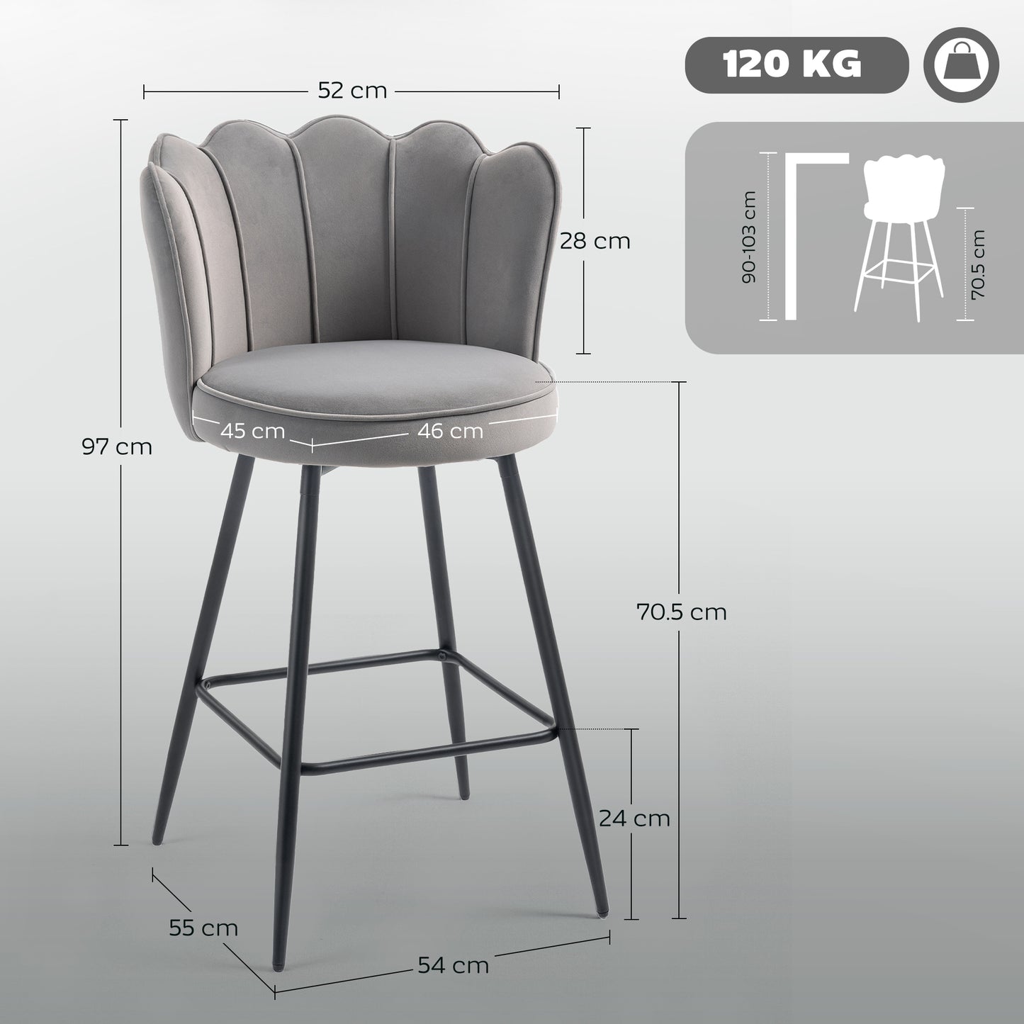 Set of 2 Barstools with Petal Backrest for Kitchen Island Grey