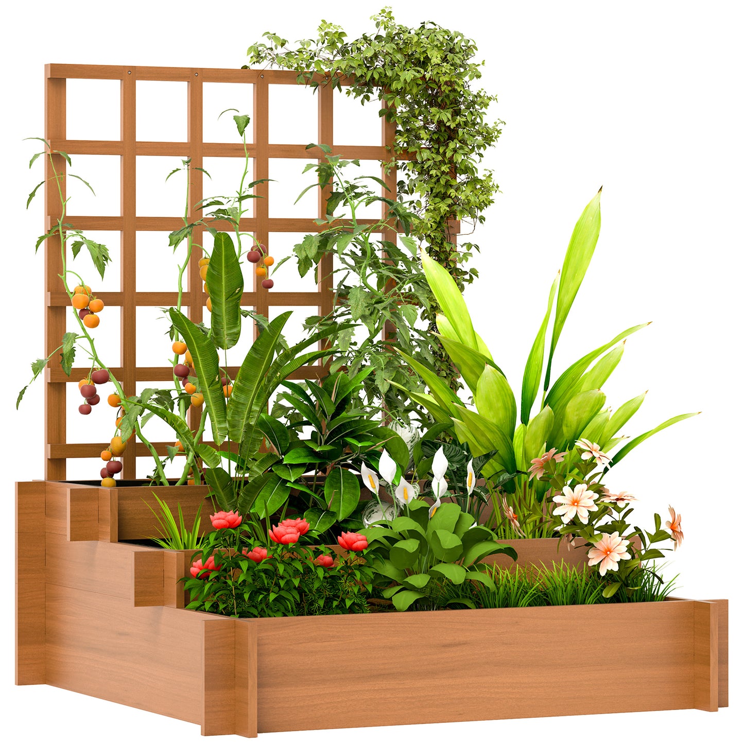3 Tier Wooden Garden Planters with Trellis for Vine Climbing Plants