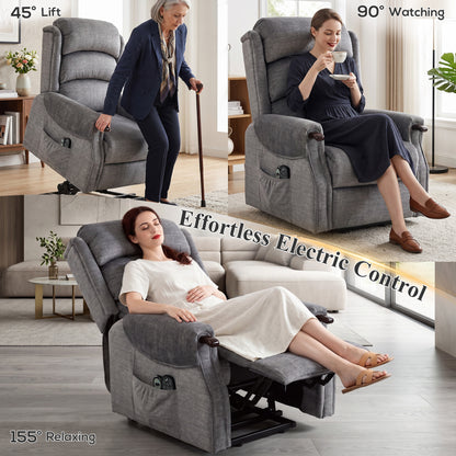 Power Lift Recliner Chair with Vibration Massage and Heat, Electric Lift Chair with Wood Grip, Pocket Spring, Fabric Riser and Reclining Armchair with Remote, Quick Assembly, Light Grey