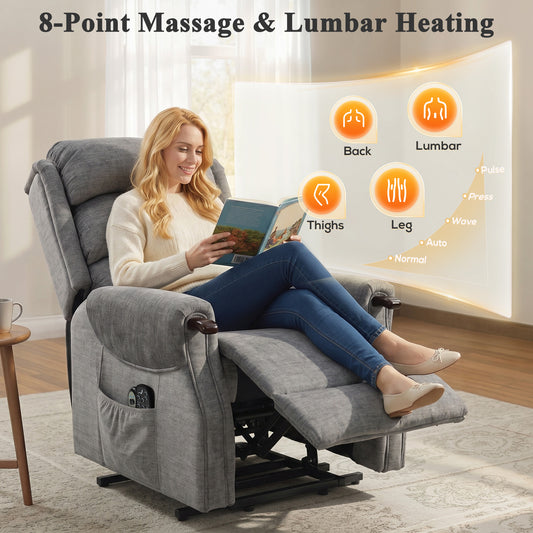 Power Lift Recliner Chair with Vibration Massage and Heat, Electric Lift Chair with Wood Grip, Pocket Spring, Fabric Riser and Reclining Armchair with Remote, Quick Assembly, Light Grey