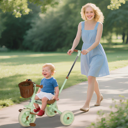 Kids Tricycle for 2-5 Years Old, 2-In-1 Toddler Trike with Adjustable Parent Handle, Pedals, Footrests, Storage Basket, 3 Wheel Bike for Boys and Girls, Green