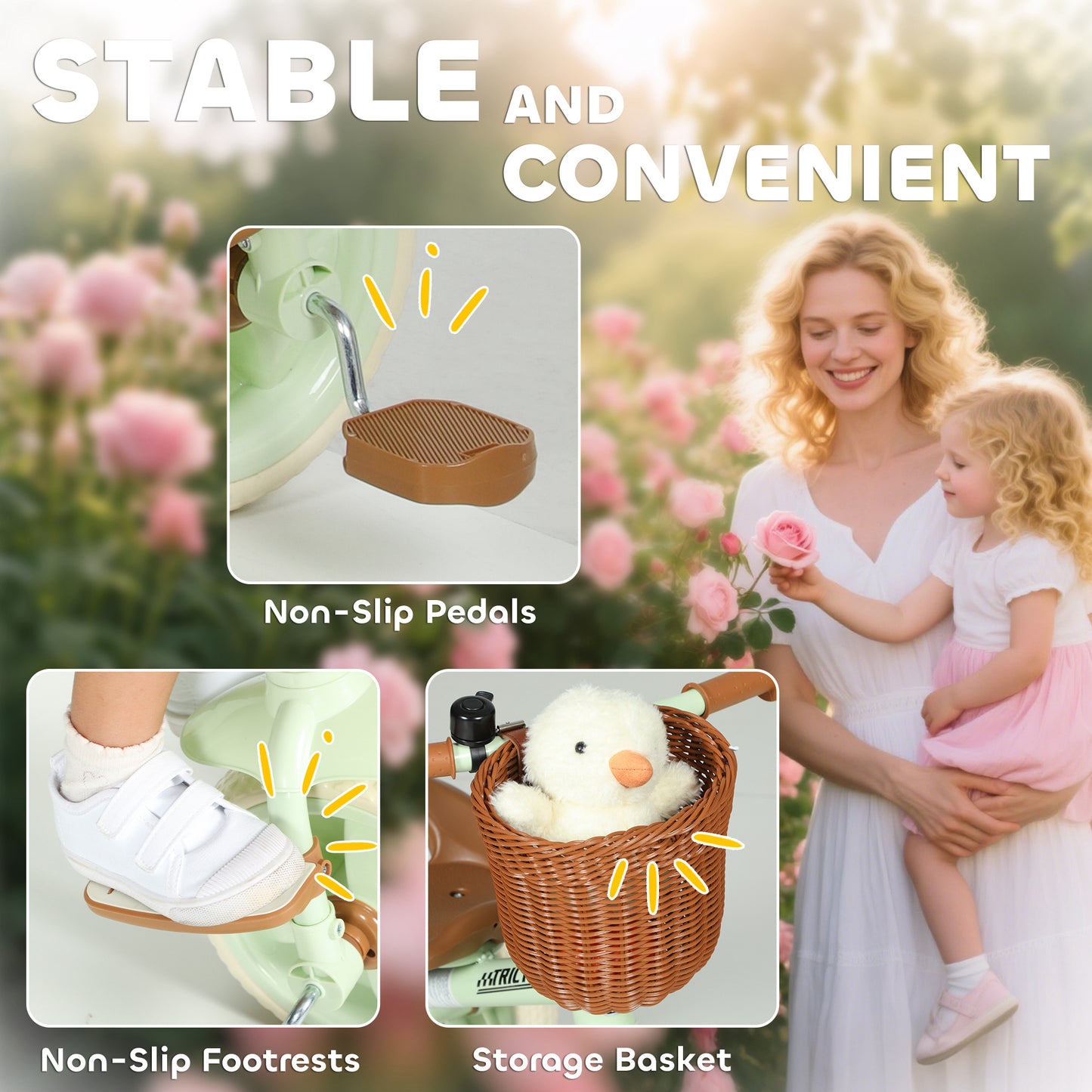 Kids Tricycle for 2-5 Years Old, 2-In-1 Toddler Trike with Adjustable Parent Handle, Pedals, Footrests, Storage Basket, 3 Wheel Bike for Boys and Girls, Green