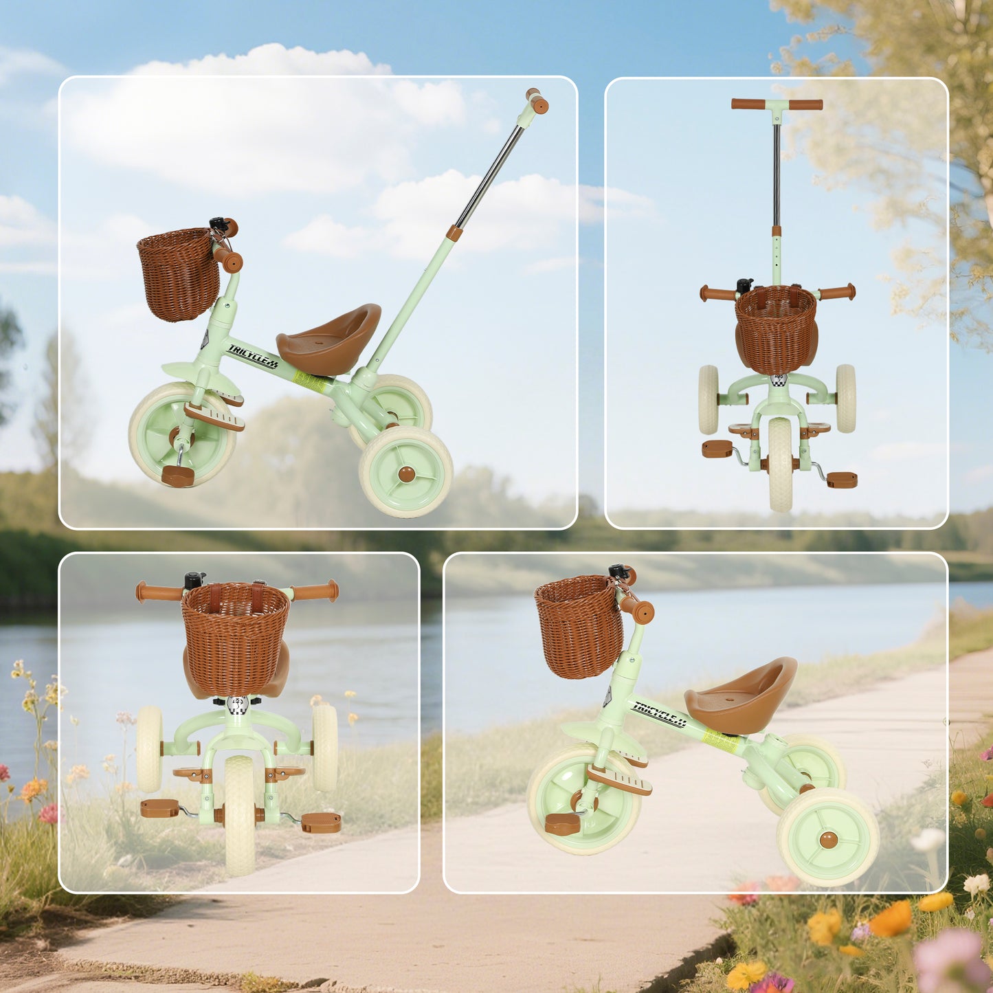 Kids Tricycle for 2-5 Years Old, 2-In-1 Toddler Trike with Adjustable Parent Handle, Pedals, Footrests, Storage Basket, 3 Wheel Bike for Boys and Girls, Green