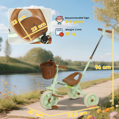 Kids Tricycle for 2-5 Years Old, 2-In-1 Toddler Trike with Adjustable Parent Handle, Pedals, Footrests, Storage Basket, 3 Wheel Bike for Boys and Girls, Green