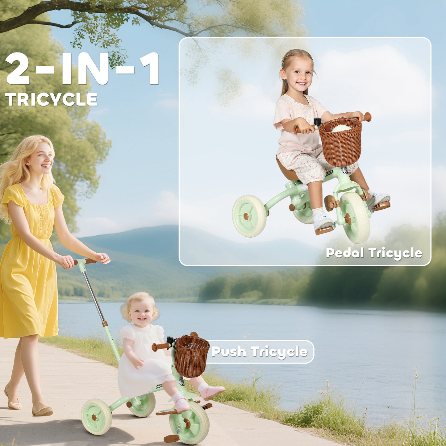 Kids Tricycle for 2-5 Years Old, 2-In-1 Toddler Trike with Adjustable Parent Handle, Pedals, Footrests, Storage Basket, 3 Wheel Bike for Boys and Girls, Green