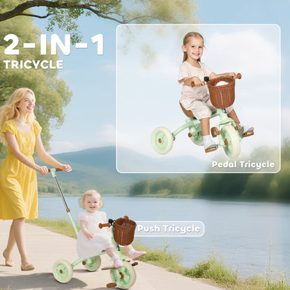 Kids Tricycle for 2-5 Years Old, 2-In-1 Toddler Trike with Adjustable Parent Handle, Pedals, Footrests, Storage Basket, 3 Wheel Bike for Boys and Girls, Green