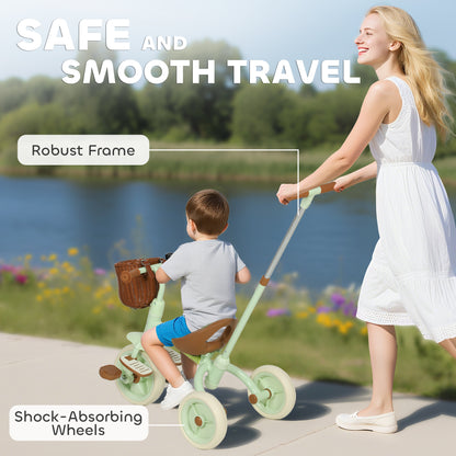 Kids Tricycle for 2-5 Years Old, 2-In-1 Toddler Trike with Adjustable Parent Handle, Pedals, Footrests, Storage Basket, 3 Wheel Bike for Boys and Girls, Green