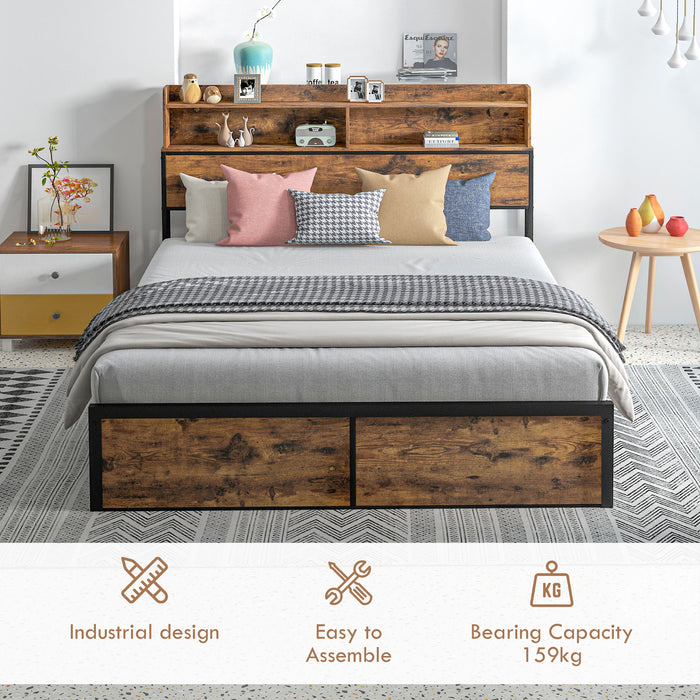 Industrial King Bed Frame, 5.2FT Steel Bed Base w/ Storage Headboard, Footboard, Under Bed Storage, 158 x 222cm, Rustic Brown