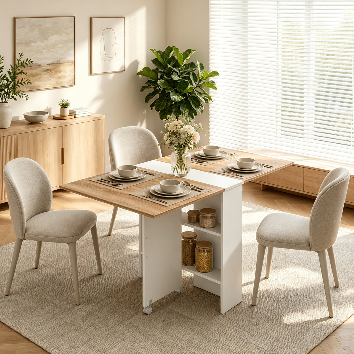 Rolling Drop Leaf Dining Table, Folding Kitchen Table with Shelves