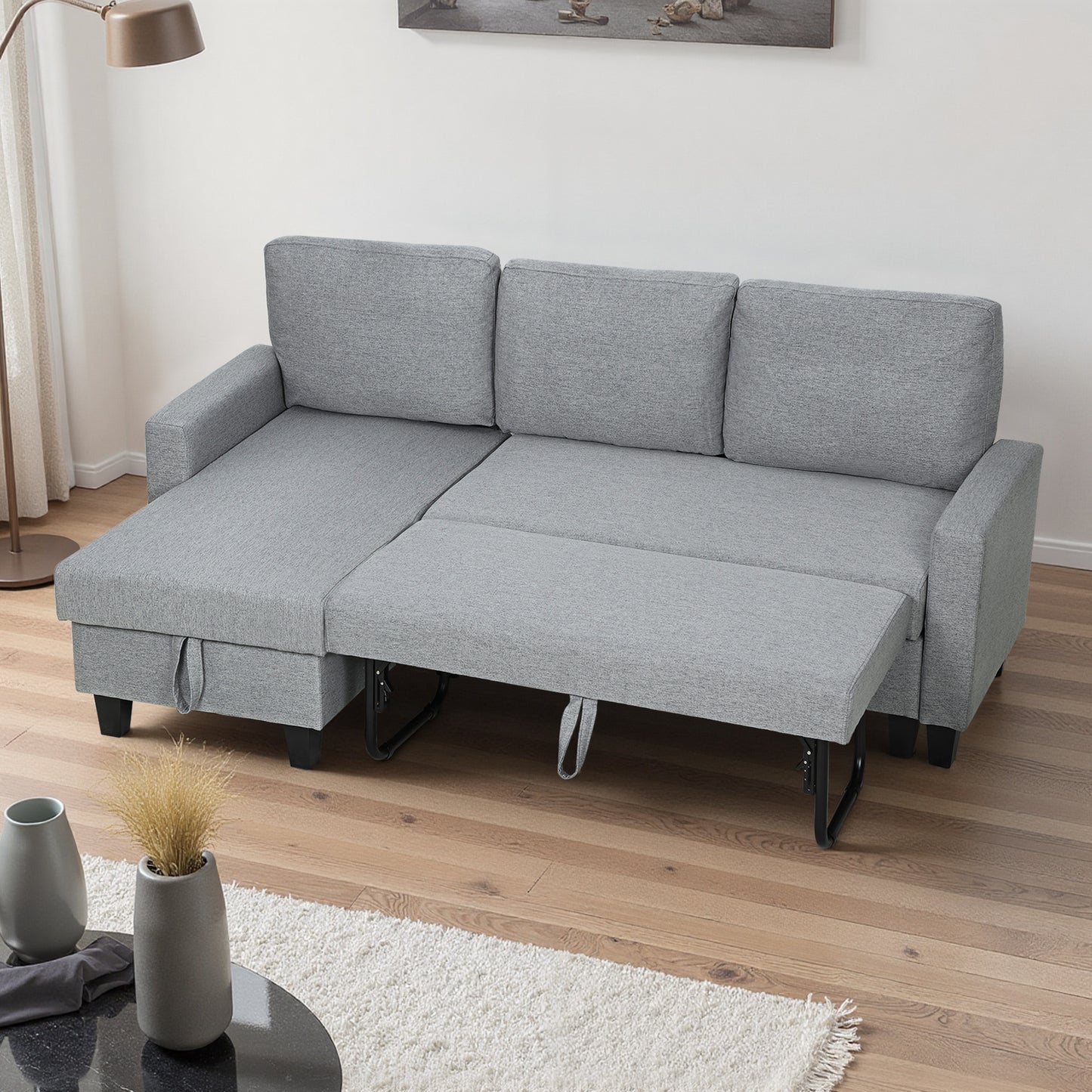Fold-Out Convertible Sofa Bed with Removable Covers, Grey