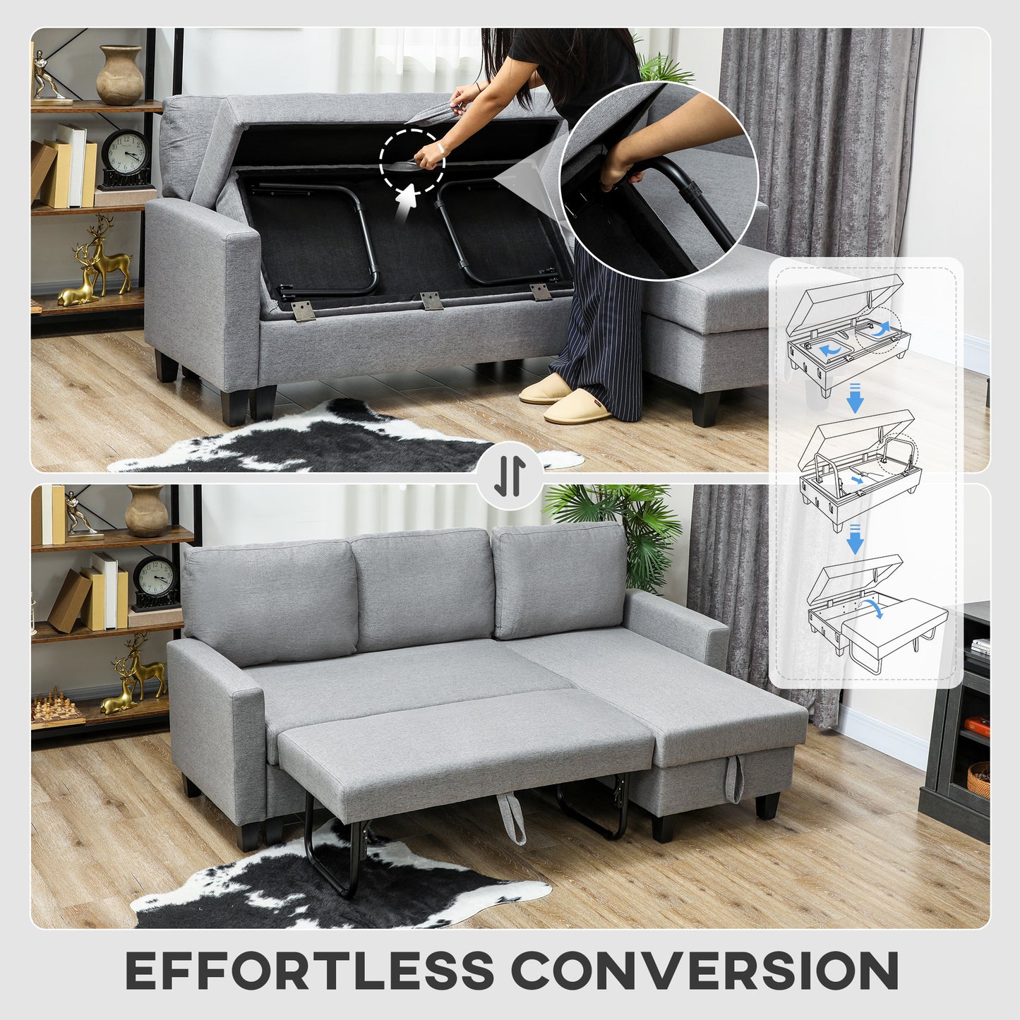 Fold-Out Convertible Sofa Bed with Removable Covers, Grey