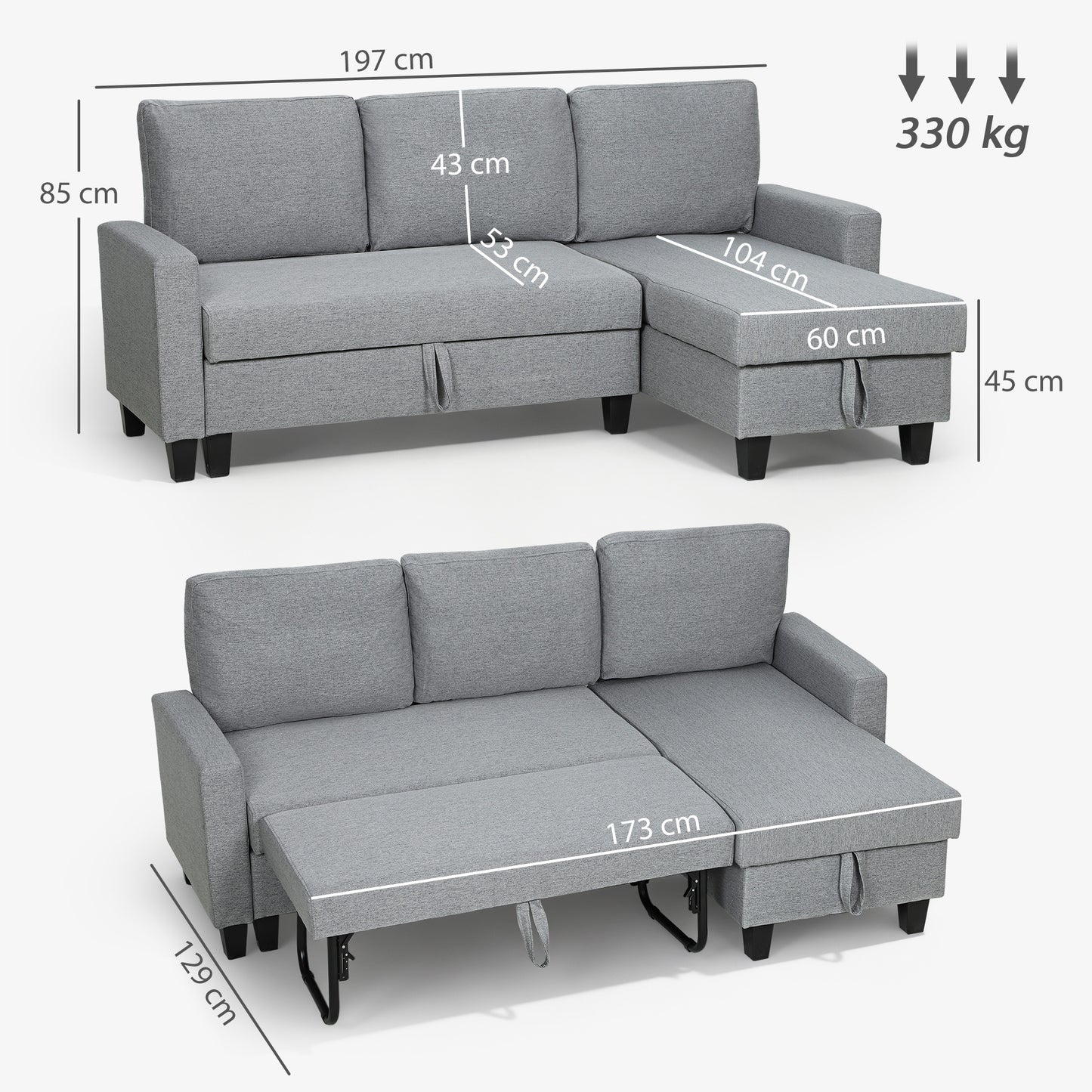 Fold-Out Convertible Sofa Bed with Removable Covers, Grey
