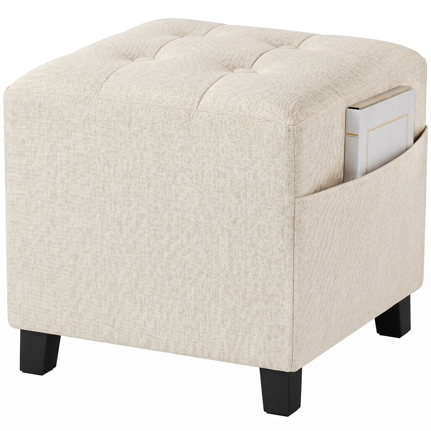 Square Footstool, Small Ottoman with Side Pocket, Linen-look Fabric Footrest Foot Stool with Rubber Wood Legs and Padded Seat for Living Room, Bedroom, Entryway, 35 x 35 x 35cm, Beige