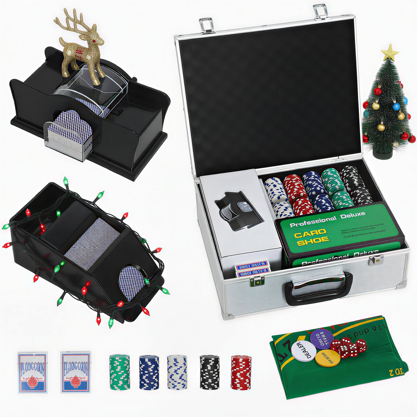 300-Piece Texas Holdem Poker Chips Set with Card Shuffler and Shoe