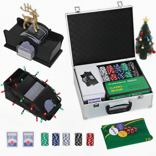 300-Piece Texas Holdem Poker Chips Set with Card Shuffler and Shoe