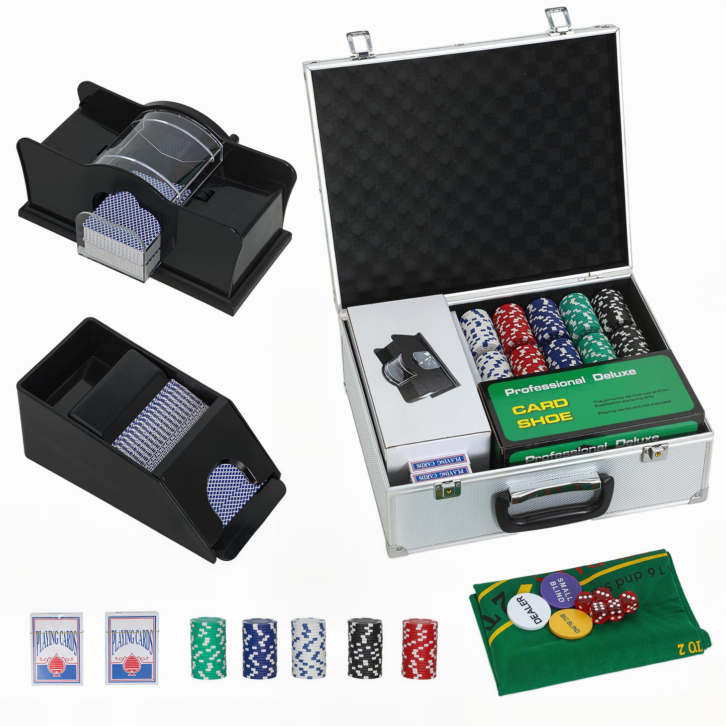300-Piece Poker Chips Set with Card Shuffler, Card Shoe, ABS Case, Casino Texas Holdem Poker Set with Mat, 11.5g Poker Chips, Two Decks of Cards, Dealer, Blind Buttons, Five Dices, Silver