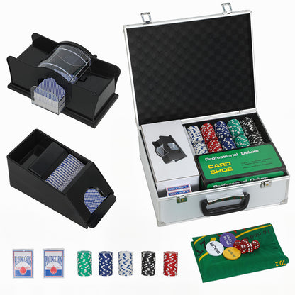 300-Piece Poker Chips Set with Card Shuffler, Card Shoe, ABS Case, Casino Texas Holdem Poker Set with Mat, 11.5g Poker Chips, Two Decks of Cards, Dealer, Blind Buttons, Five Dices, Silver
