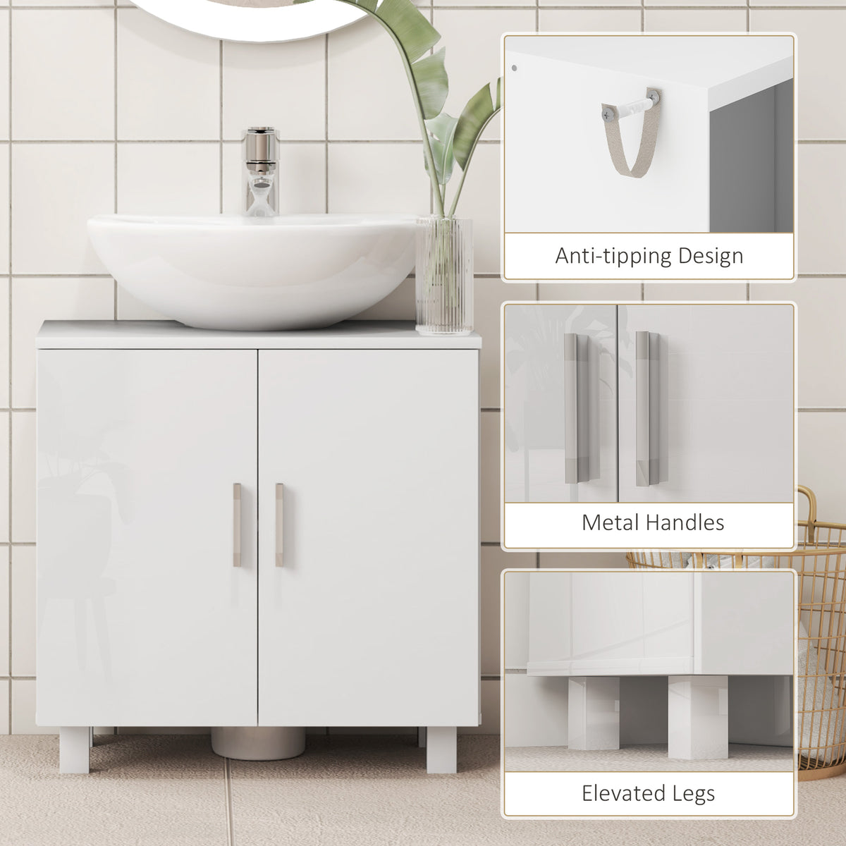 Freestanding Bathroom High Gloss Under Sink Cabinet, White
