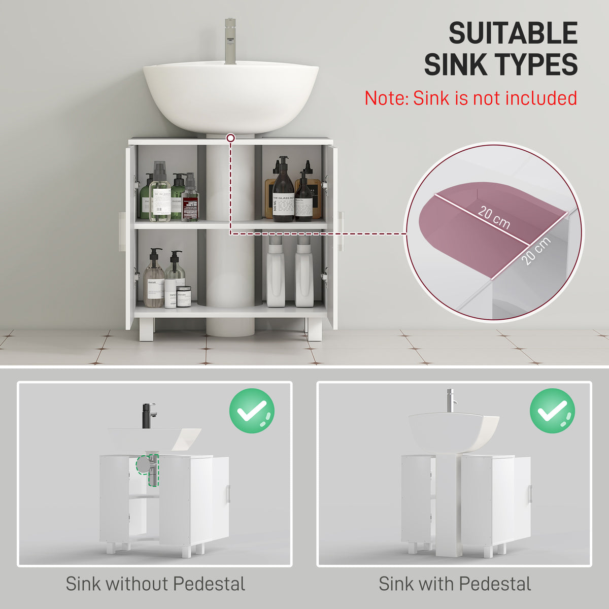 Freestanding Bathroom High Gloss Under Sink Cabinet, White