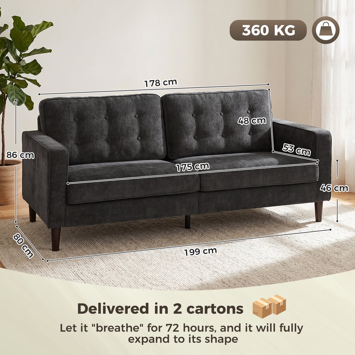3 Seater Sofa, Upholstered Small Couch for Bedroom, Modern Futon Sofa Settee with Padded Cushion, Button Tufting and Wood Legs for Living Room, Dark Grey