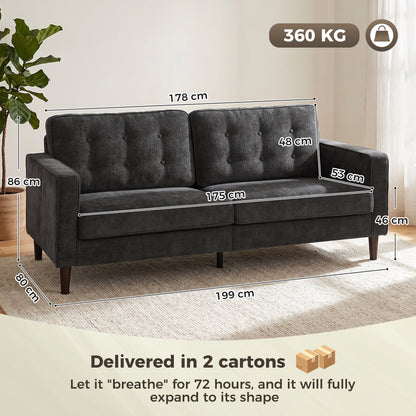 3 Seater Sofa, Upholstered Small Couch for Bedroom, Modern Futon Sofa Settee with Padded Cushion, Button Tufting and Wood Legs for Living Room, Dark Grey