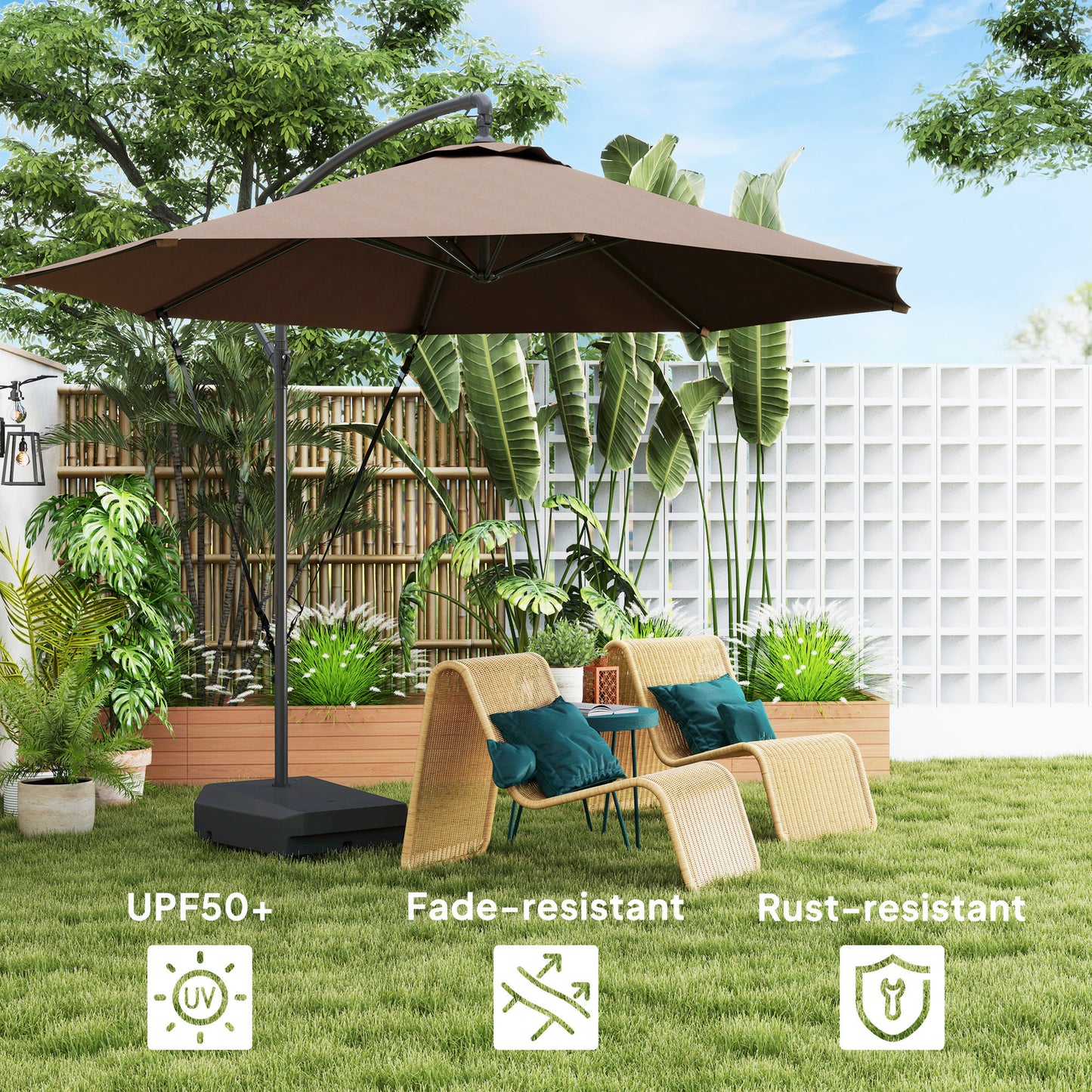 Garden Cantilever Parasol with Cover Weighted Base Wind Strap Brown