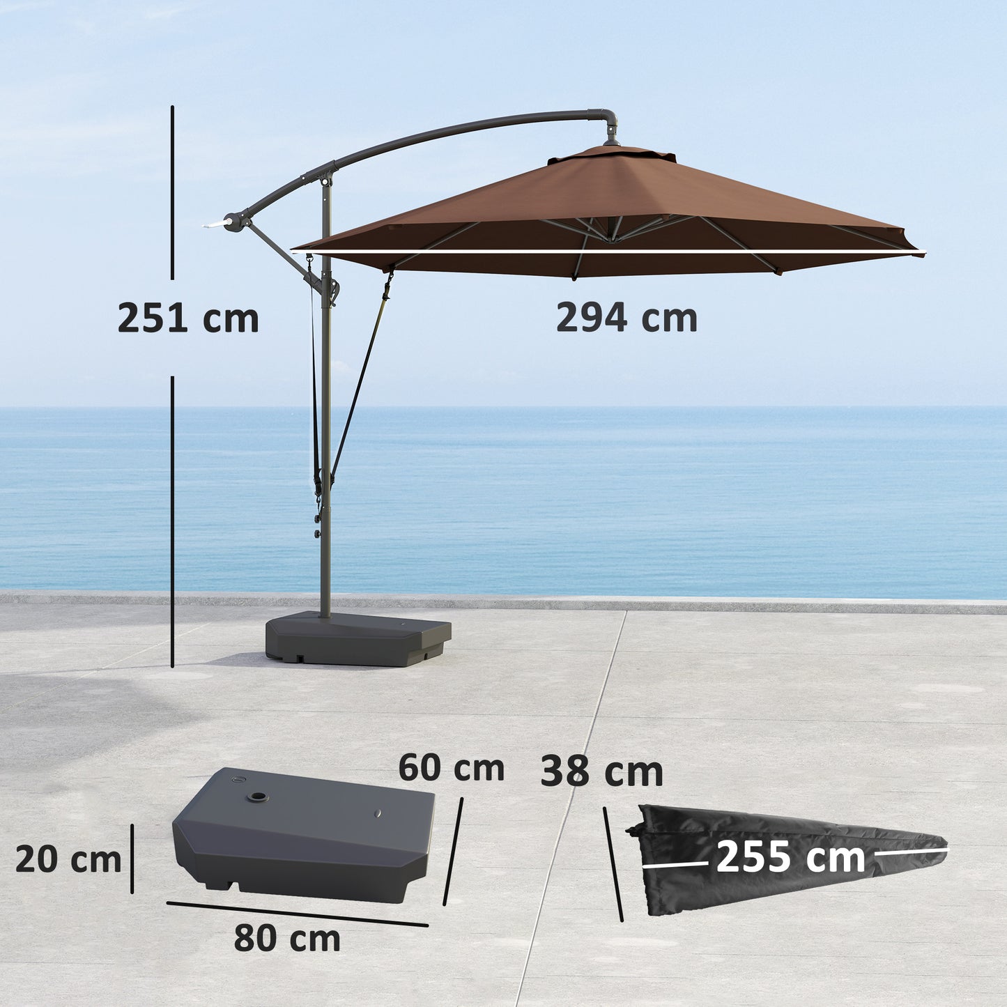 Garden Cantilever Parasol with Cover Weighted Base Wind Strap Brown