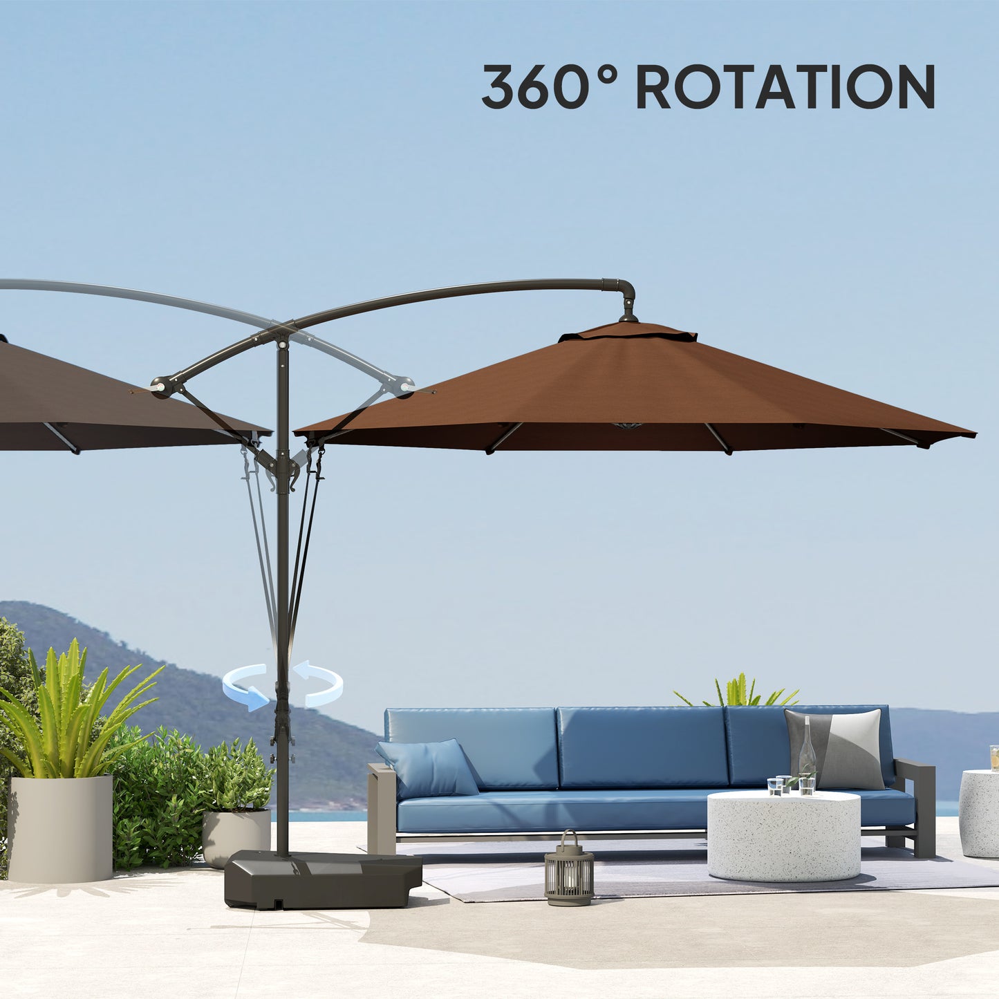 Garden Cantilever Parasol with Cover Weighted Base Wind Strap Brown
