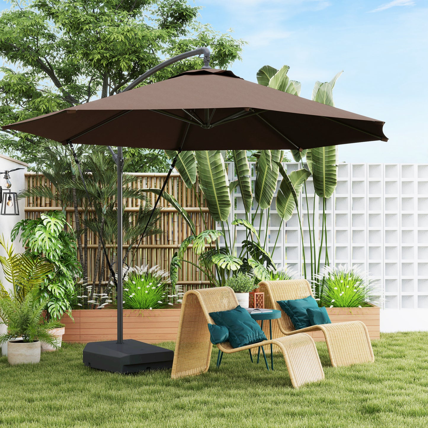 Garden Cantilever Parasol with Cover Weighted Base Wind Strap Brown