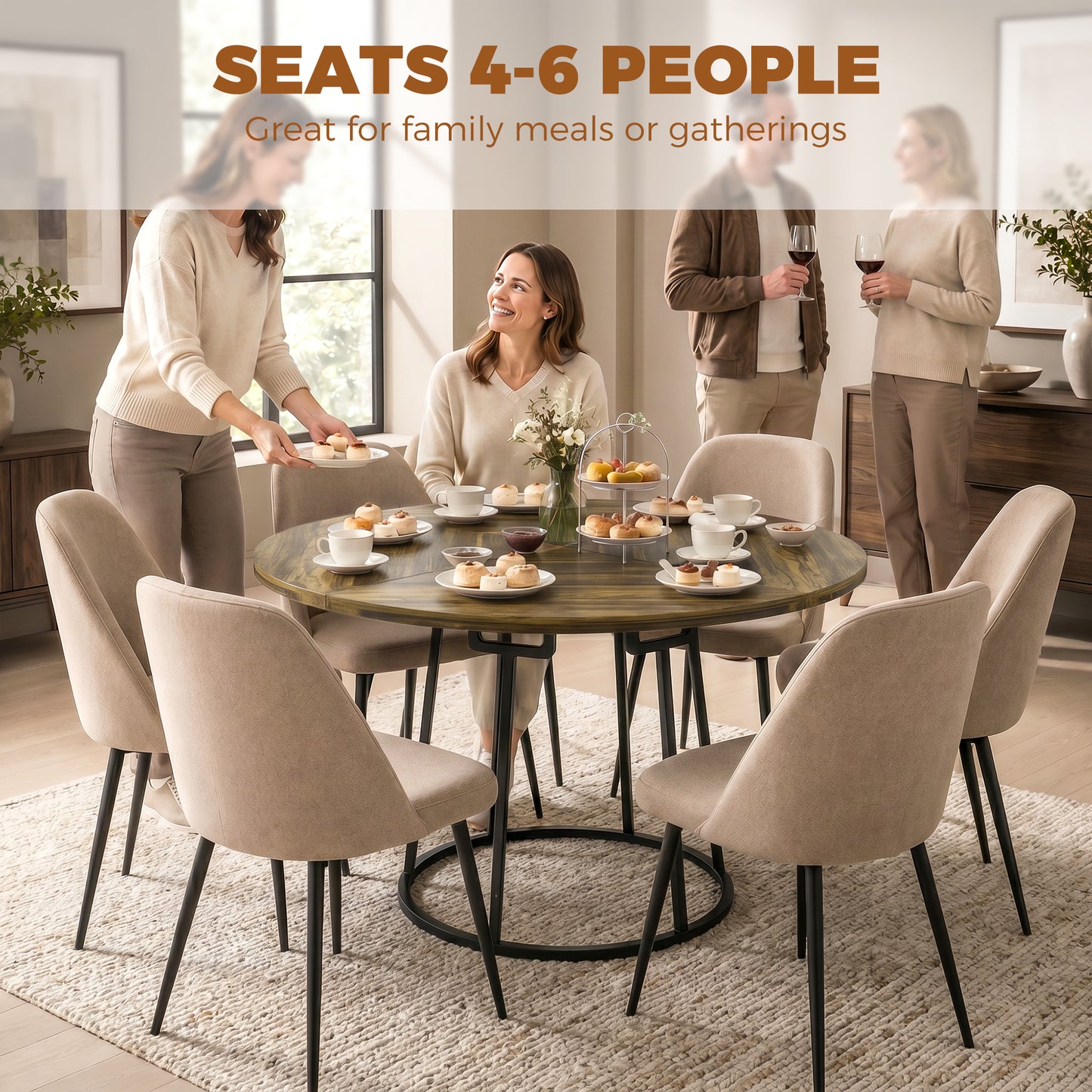 Round Dining Table for 4-6 Space Saving 120 cm Rustic Brown