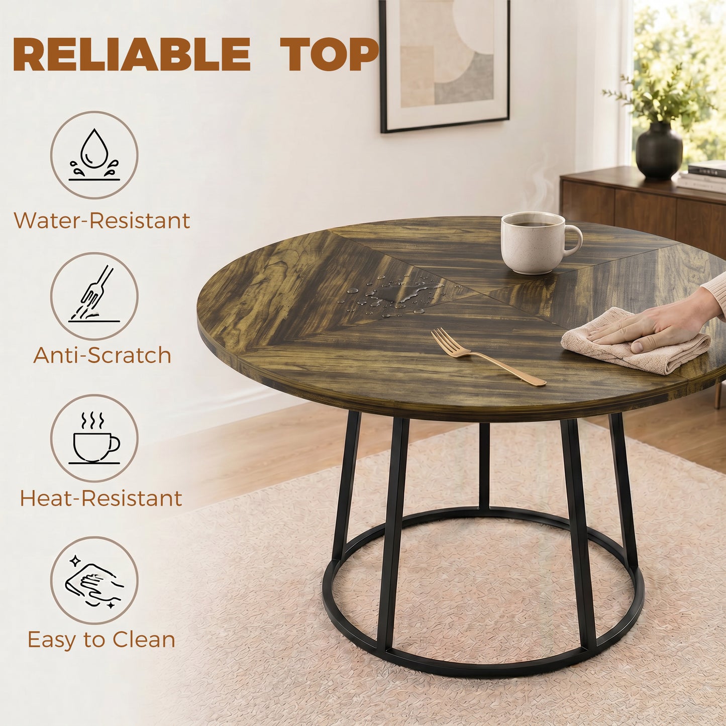 Round Dining Table for 4-6 Space Saving 120 cm Rustic Brown