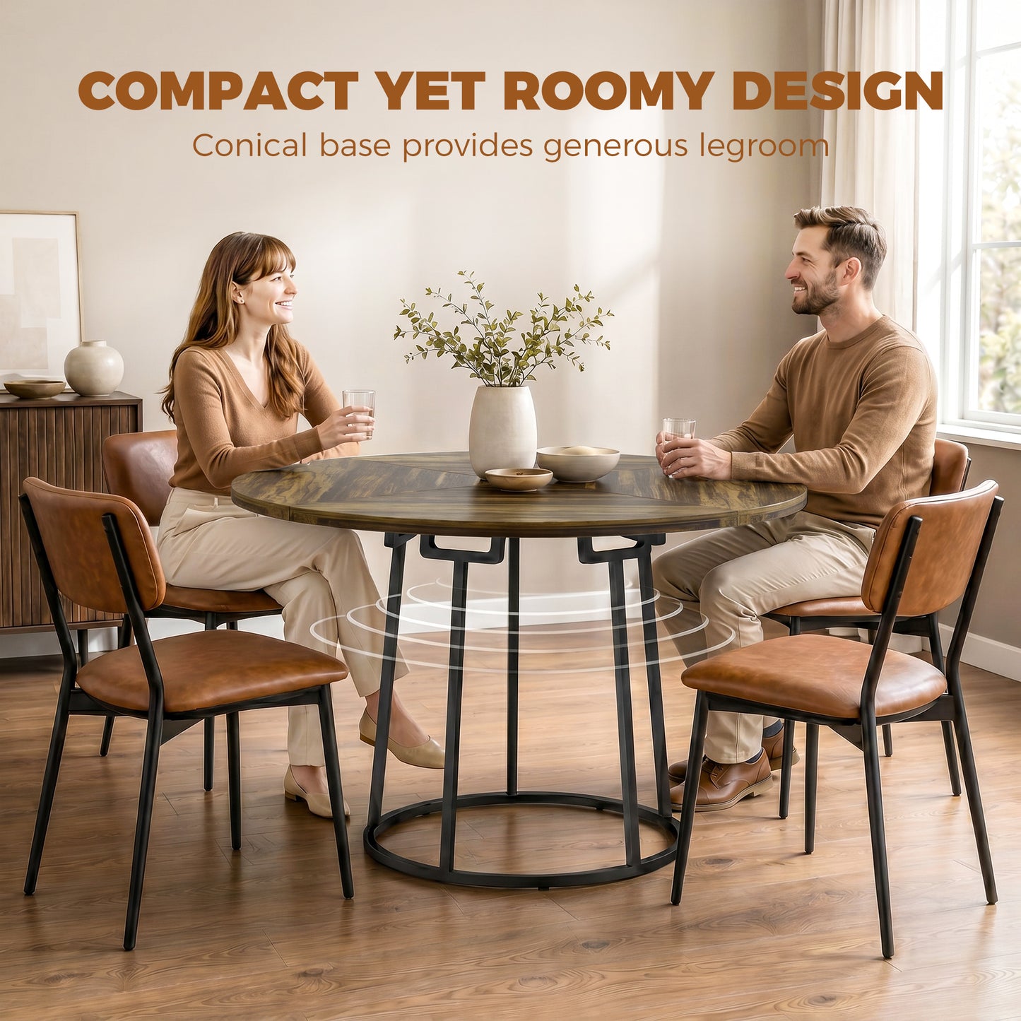 Round Dining Table for 4-6 Space Saving 120 cm Rustic Brown
