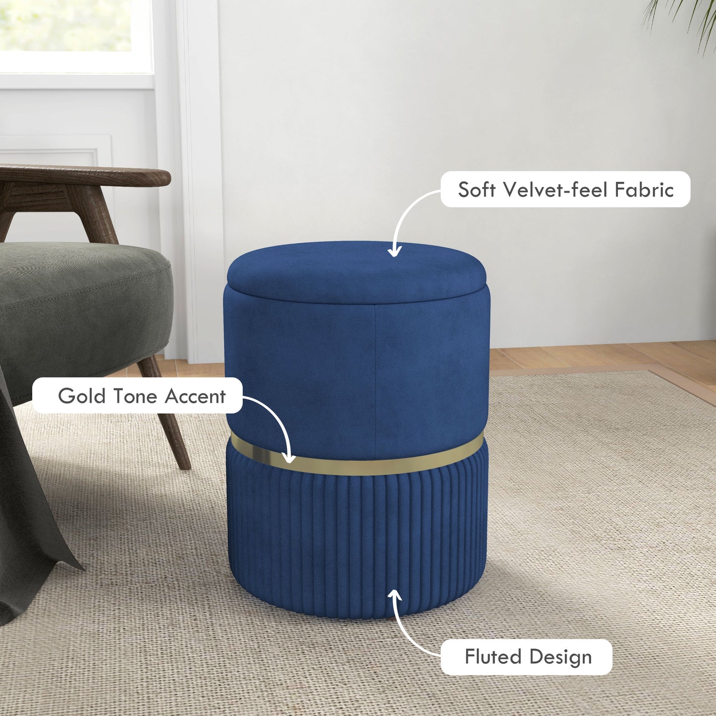 Round Ottoman Stool with Storage, Velvet-feel Fabric Upholstered Pouffe Foot Stool with Padded Seat and Hidden Space