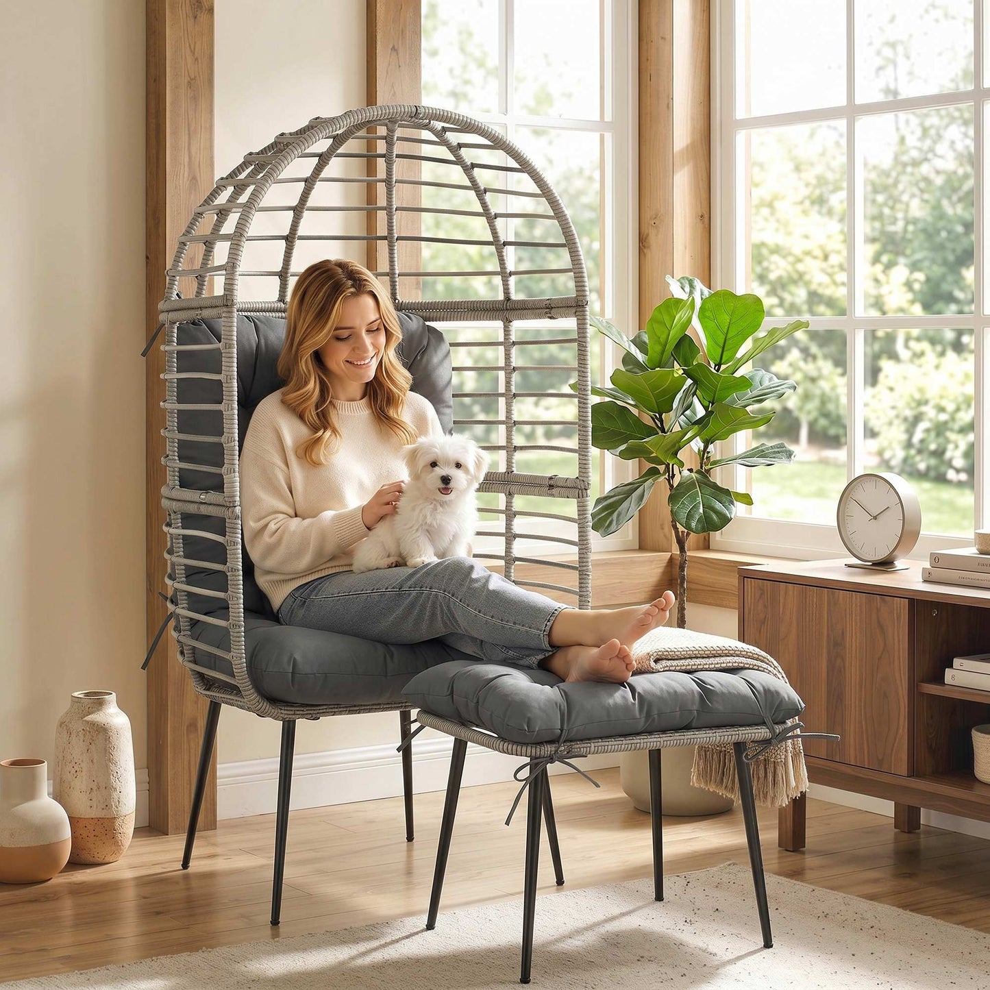 Standing Garden Egg Chair with Footstool, PE Rattan Outdoor Lounge Chair and Ottoman Set with Thick Cushions, Indoor Outdoor Egg Basket Seating for Patio Balcony Porch, Light Grey