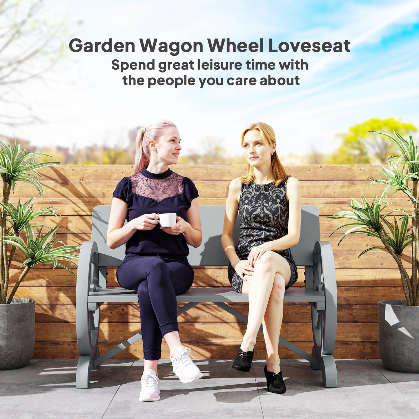 Wooden Garden Bench Outdoor Loveseat with High Back, Grey