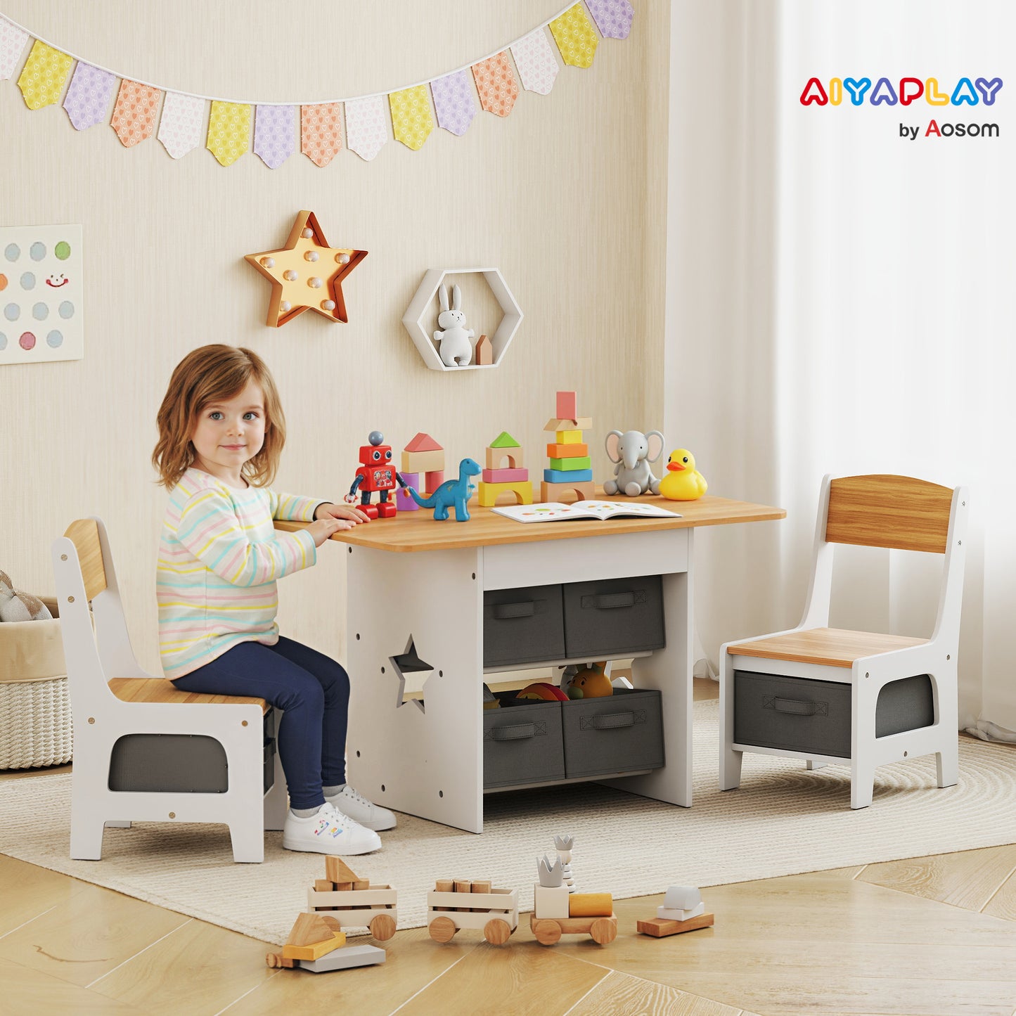 Kids Table and Chair Set with 6 Removable Drawers, Natural