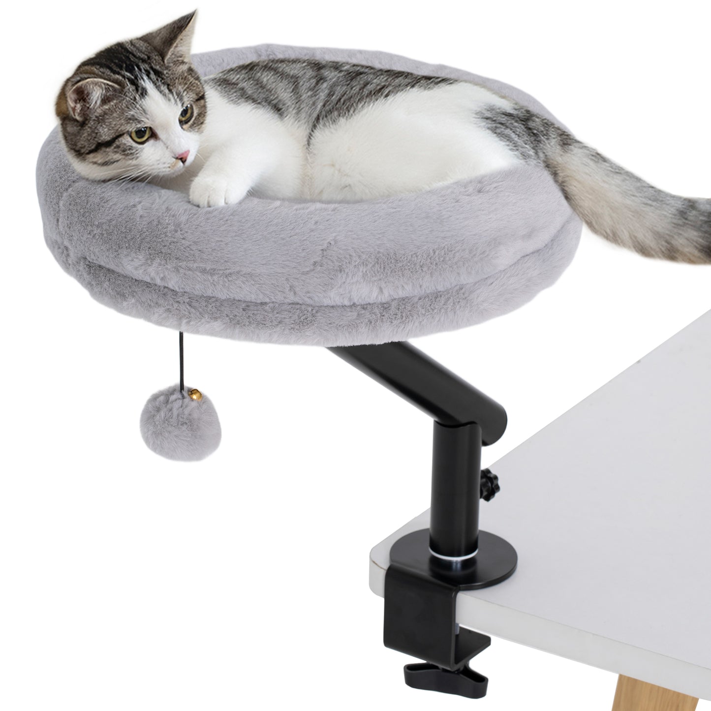 Cat Bed for Desk, 360° Rotatable Adjustable Elevated Cat Desk Bed, Comfortable Soft Plush Kitten Hammock Nest Cushion Machine-Washable
