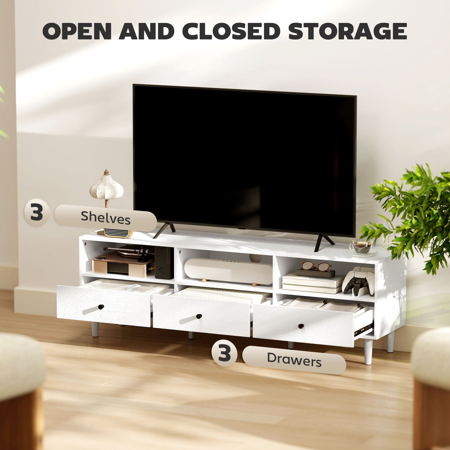 TV Unit, TV Cabinet for up to 75", with Drawers, Shelves, White