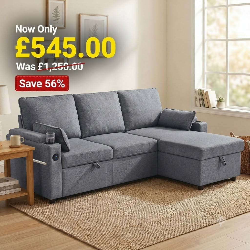 Warehouse Clearance - Corner Sofa Bed, L Shaped Sofa with Storage Chaise, USB Ports, Grey