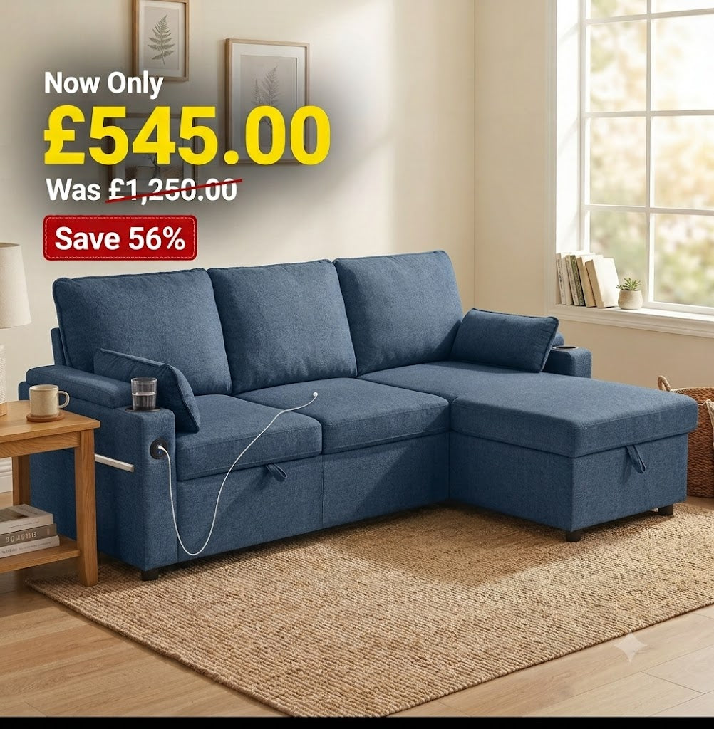 Warehouse Clearance - Corner Sofa Bed, L Shaped Sofa with Storage Chaise, USB Ports, Blue