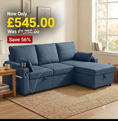 Warehouse Clearance - Corner Sofa Bed, L Shaped Sofa with Storage Chaise, USB Ports, Blue