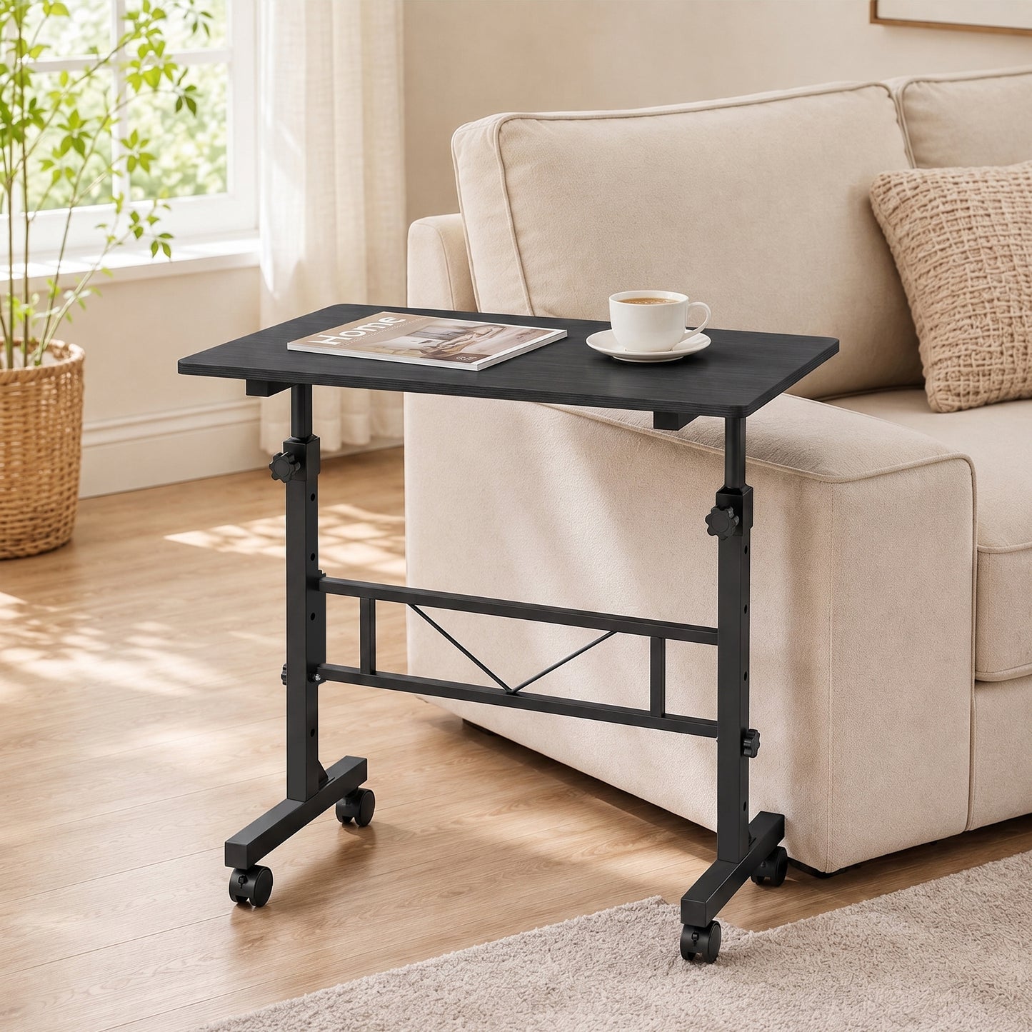 Overbed Table Adjustable Height with Steel Frame Black