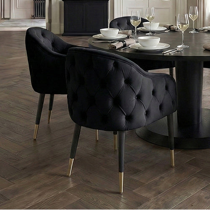 Sophia Deep-Buttoned Velvet Dining Chair with Brass Caps - Black & Brass