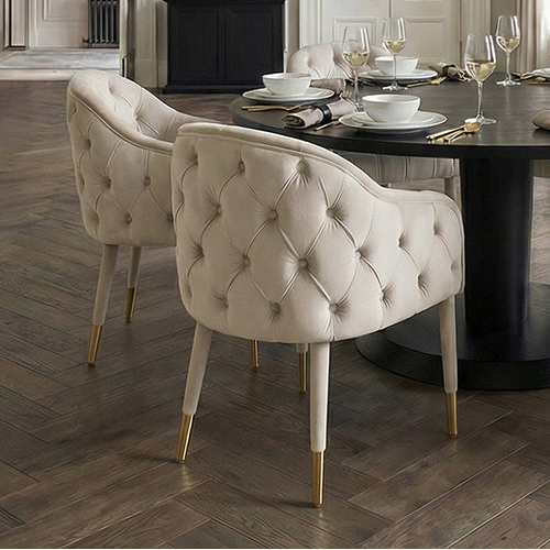 Sophia Deep-Buttoned Velvet Dining Chair with Brass Caps - Cream & Brass