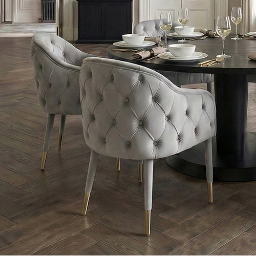 Sophia Deep-Buttoned Velvet Dining Chair with Brass Caps - Grey & Brass