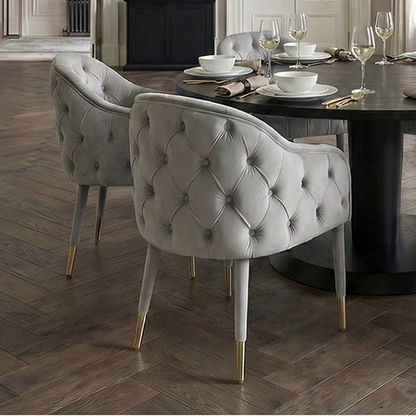 Sophia Deep-Buttoned Velvet Dining Chair with Brass Caps - Grey & Brass
