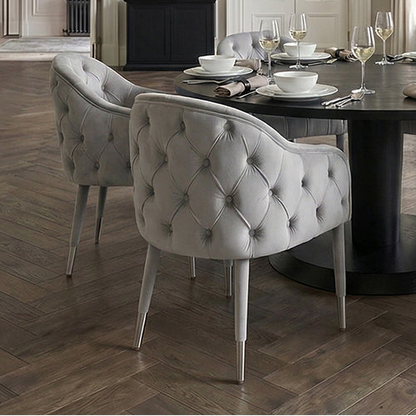 Sophia Deep-Buttoned Velvet Dining Chair with Steel Caps - Grey & Silver