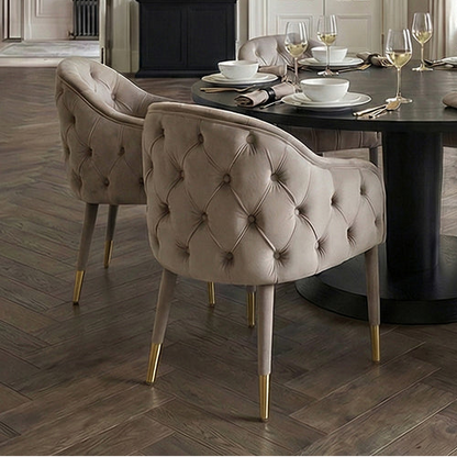 Sophia Deep-Buttoned Velvet Dining Chair with Brass Caps - Taupe & Brass