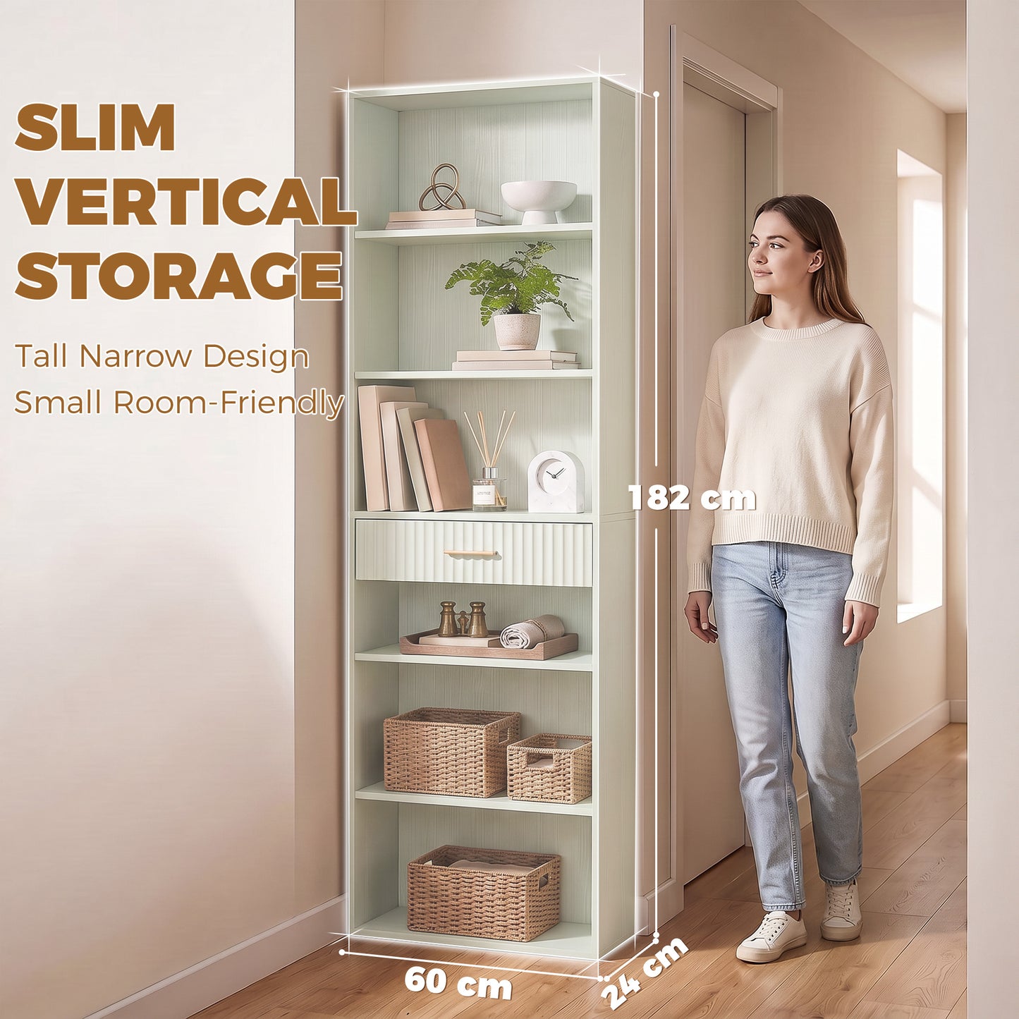 Tall Bookcase with Cubes, 7-Tier Bookshelf with Drawer, Light Green